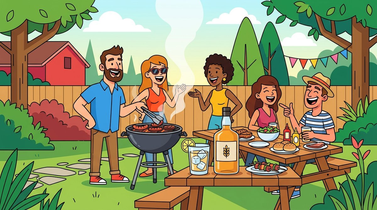 Churrasco entre amigos com um copo de highball com gelo e limão e uma garrafa de whisky leve na mesa, em um quintal ensolarado
