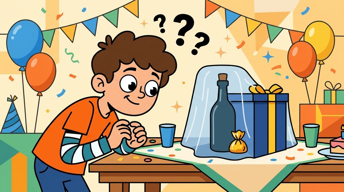Personagem curioso diante de uma caixa de presente coberta com tecido e um bombom dourado em uma mesa de festa