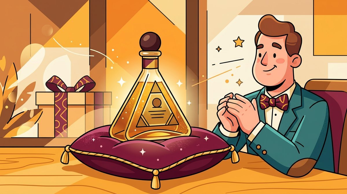 Garrafa triangular de whisky com detalhes dourados sobre uma almofada de veludo e um personagem de gravata borboleta admirando