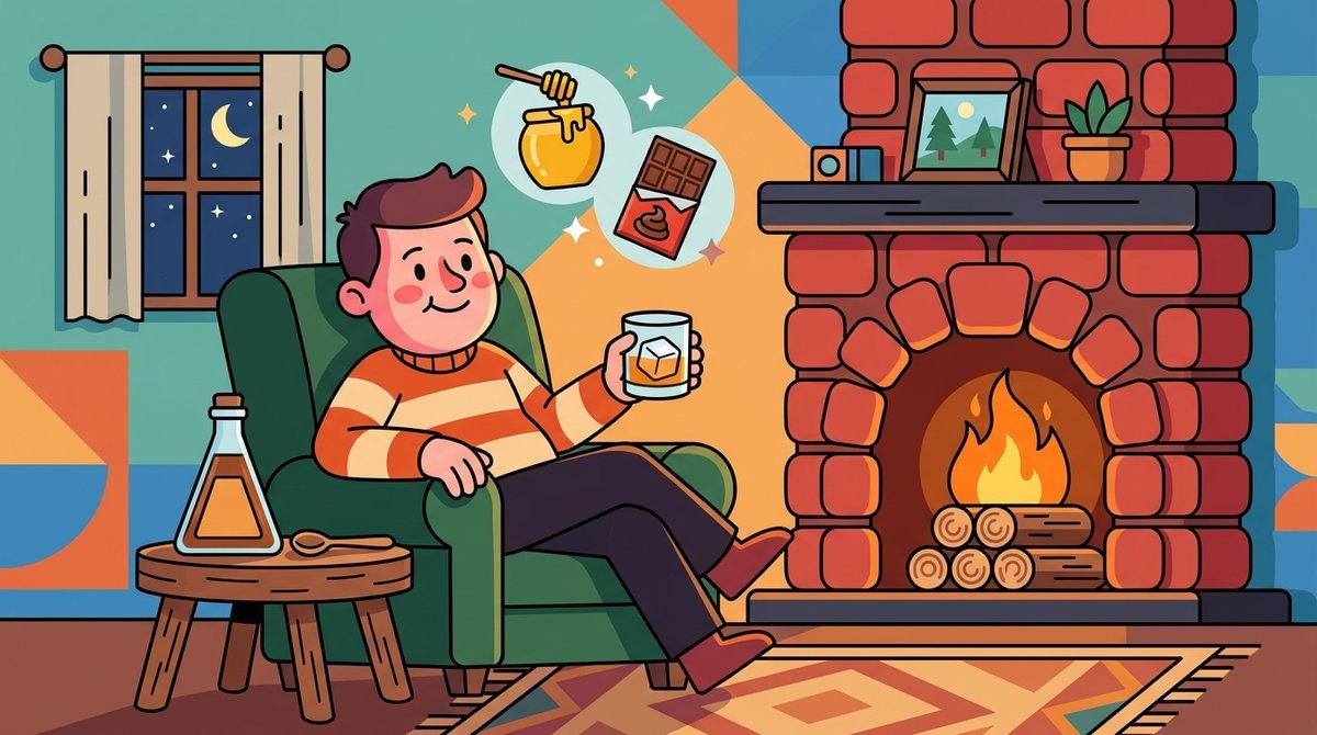 Personagem relaxando em uma poltrona perto da lareira com um copo curto de whisky com gelo, ao lado de uma garrafa triangular, com ícones de mel e chocolate