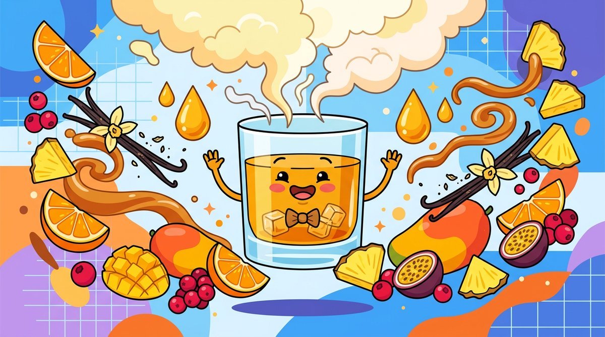 Copo de whisky cercado de gotas de mel, caramelo, vagens de baunilha e frutas tropicais