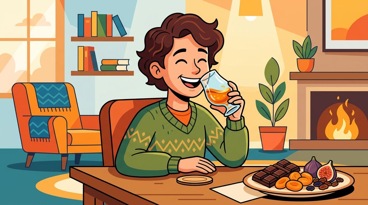 Personagem sorrindo ao beber whisky doce em uma taça tulipa, com frutas secas e chocolate