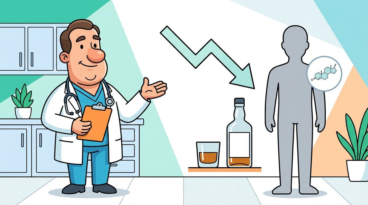 Médico explicando com uma prancheta ao lado de uma seta para baixo, um copo de whisky e a silhueta de um homem com um ícone de hormônio