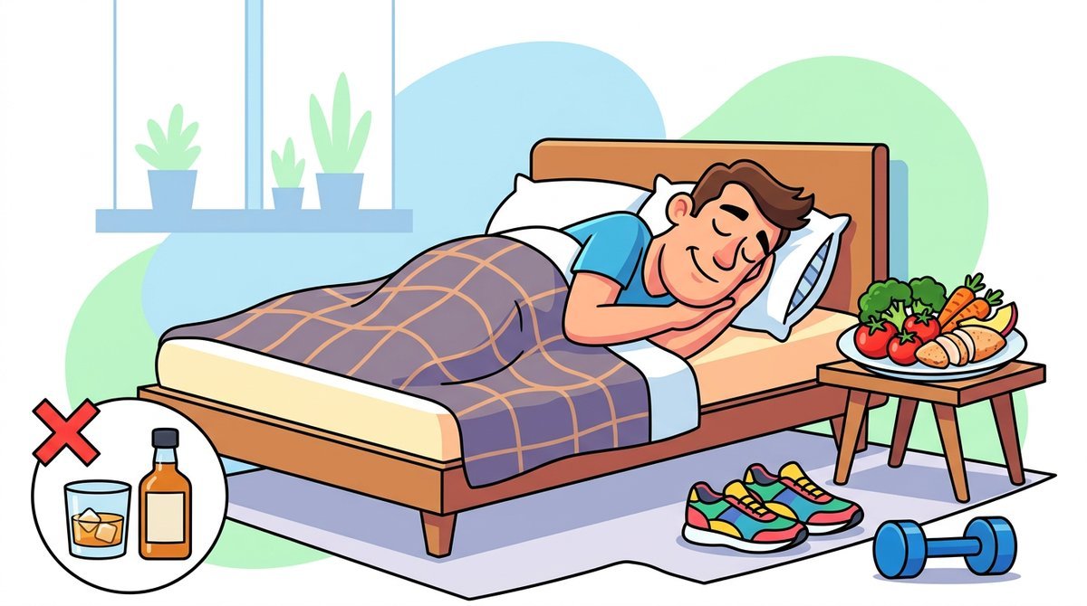 Homem dormindo bem em uma cama, com prato de comida saudável, tênis e halter ao lado, e um copo de whisky riscado em um canto
