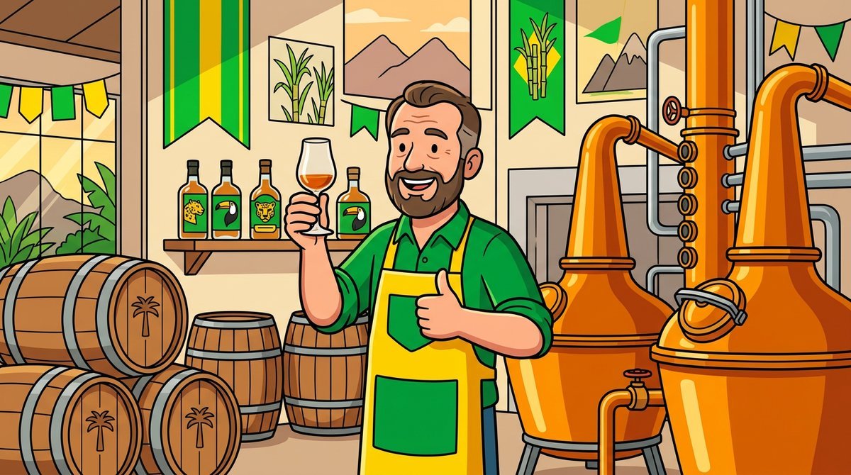 Destilaria brasileira com alambiques de cobre e barris de madeira, com um personagem segurando uma taça de single malt