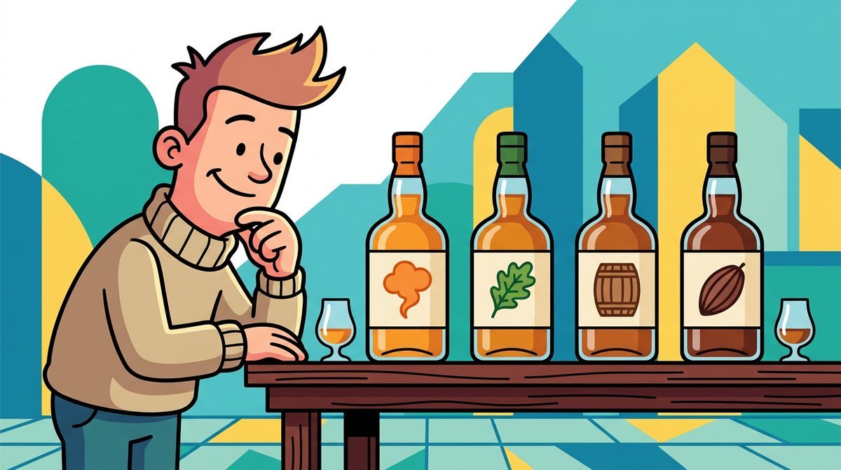 Quatro garrafas de single malt com ícones de fumaça, folha, barril e cacau, com um personagem pensando qual escolher