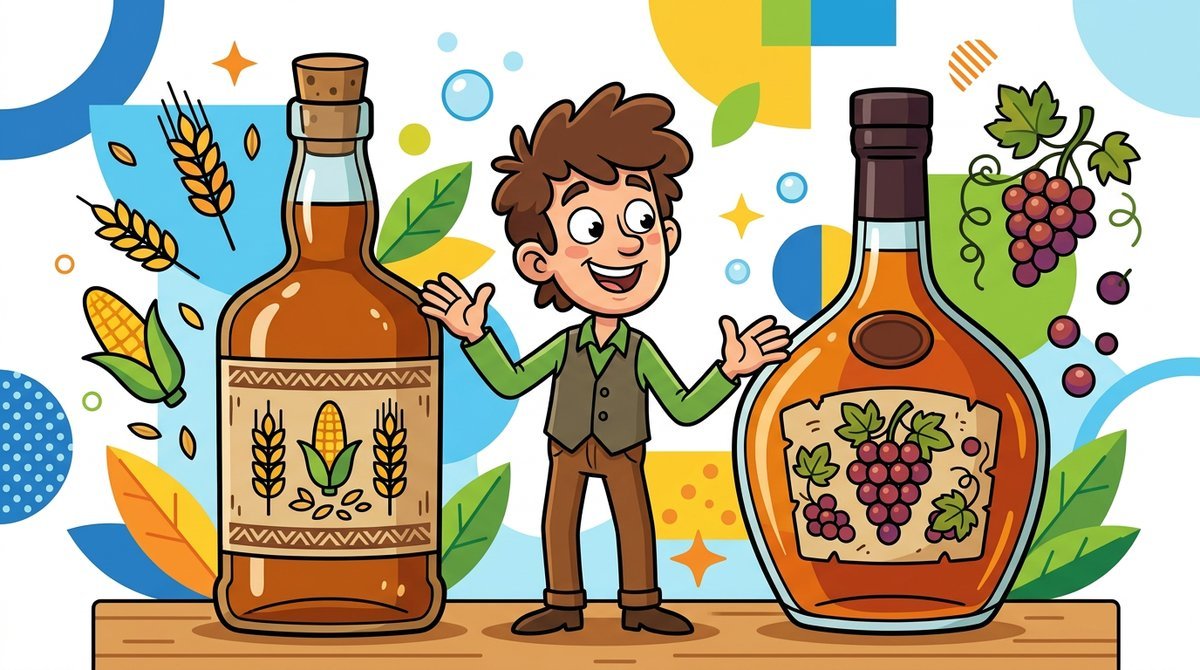 Garrafa de whisky de grãos ao lado de uma garrafa de conhaque de uvas, com um personagem comparando as duas