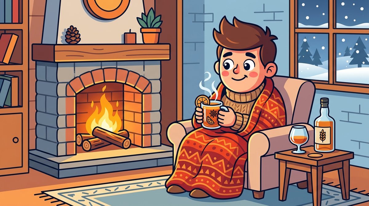 Personagem enrolado em um cobertor com uma caneca de hot toddy perto da lareira, com garrafa de whisky e taça de conhaque na mesa